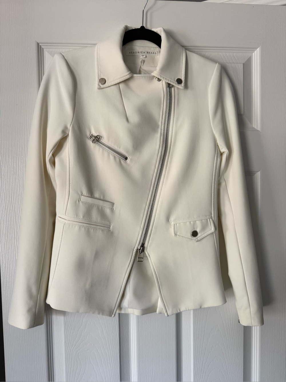 Veronica Beard "Hadley" Scuba Moto Jacket in ivory/white.